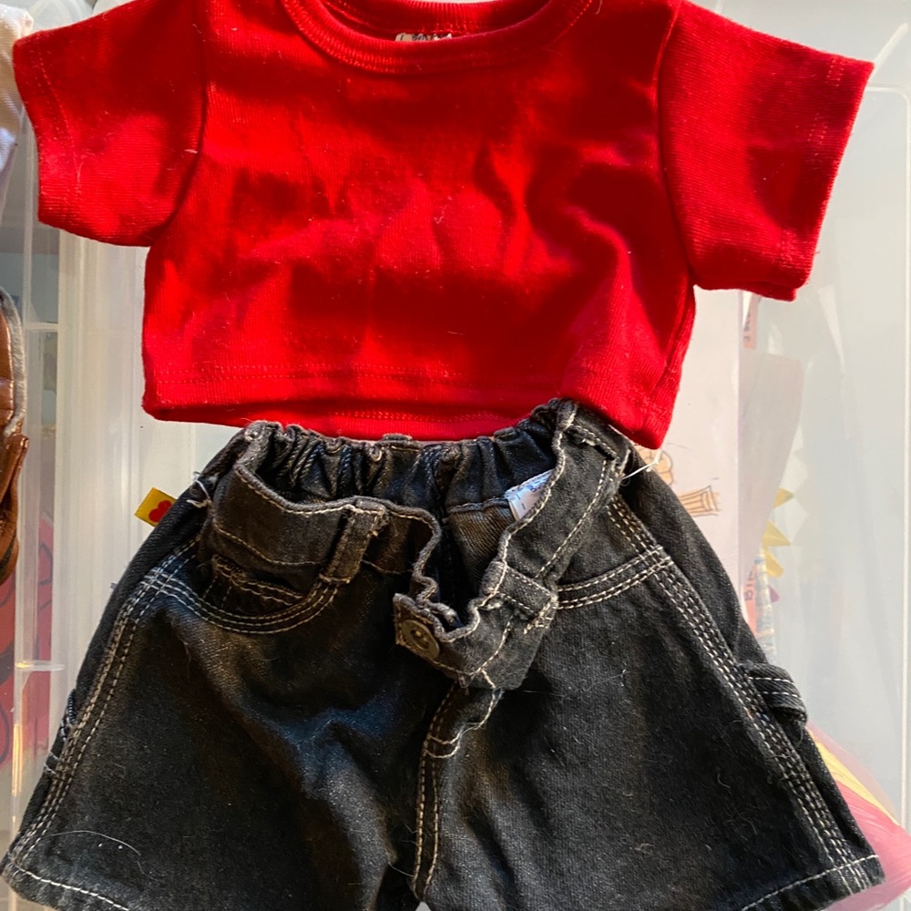 Build-a bear red tshirt and black denim shorts